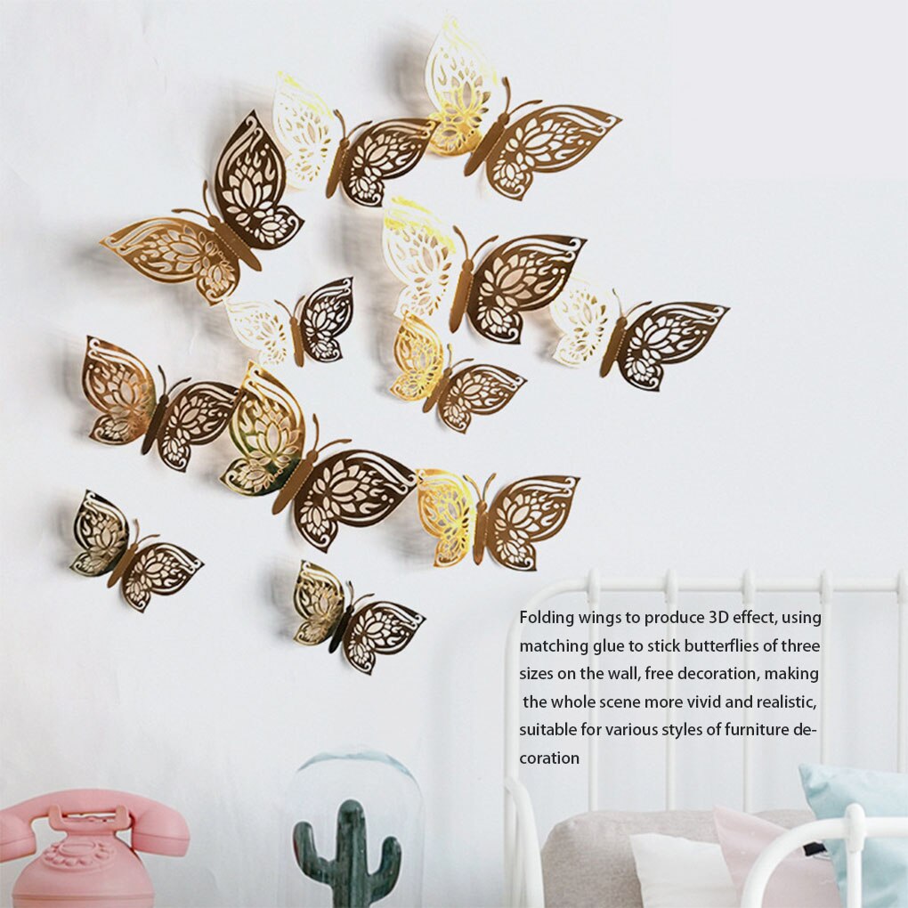 12 Pegatinas 3 Capas De Mariposa Para Decoración De Pared Doradas, 3D Huecos, Para El Hogar, Recámara, Tartas, Fiestas, Baby Shower, Decoraciones De