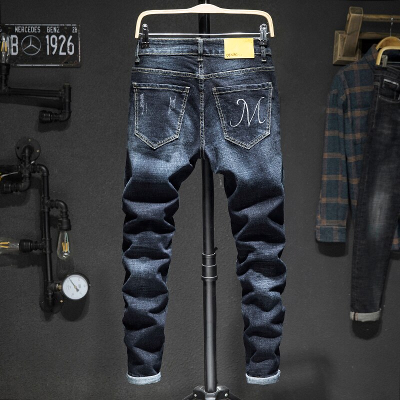 Pantalones vaqueros rasgados para hombre, ropa de calle con aberturas, color azul oscuro, elásticos, Pantalones largos