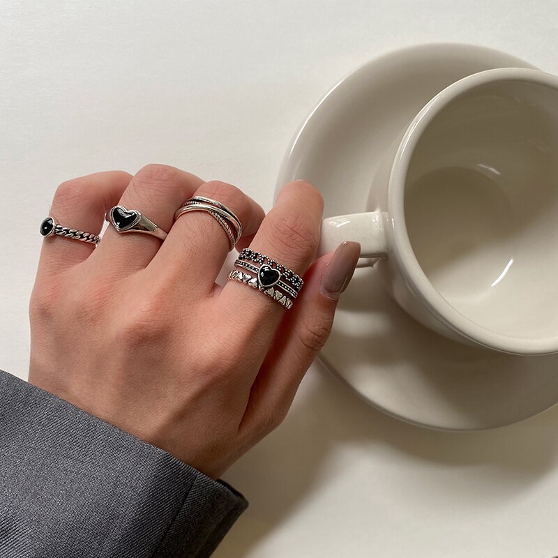 Huanzhi zwarte druppelglazuur hartvormige meerlaagse open verstelbare zilveren metalen ringen voor dames en meisjes feestsieraden