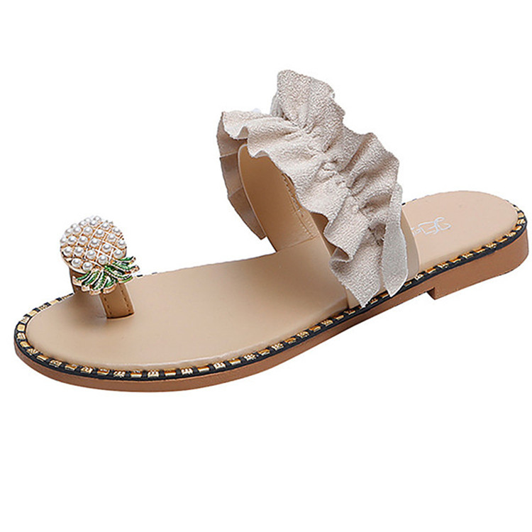 Sommar kvinnor sandaler tofflor skor platt flip flops snöre pärla kilar kvinna glider ananas casual mujer: Beige / 43