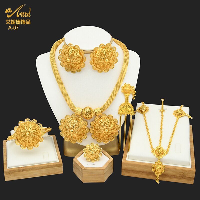 ANIID Dubai Ethiopian Flower Gold Plated 6pcs Jewelry Sets For Women Nigerian Luxury Necklace Jewellery Set Wedding Party: A-07-Gold