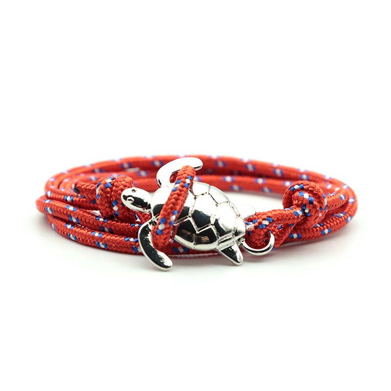Pulsera de tortuga de mar Paracord hecha a mano para hombre y mujer, brazalete de vikingo con cuerda multicapa, joyería: Silver-Red