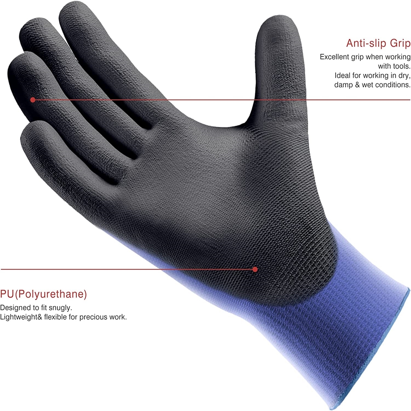 12 Paar ultradünne PU-beschichtete Arbeitshandschuhe, hervorragender Griff, schwarze Sicherheitsarbeitshandschuhe mit Nylonschale und Polyurethan-Beschichtung, gestrickte Handgelenksmanschette