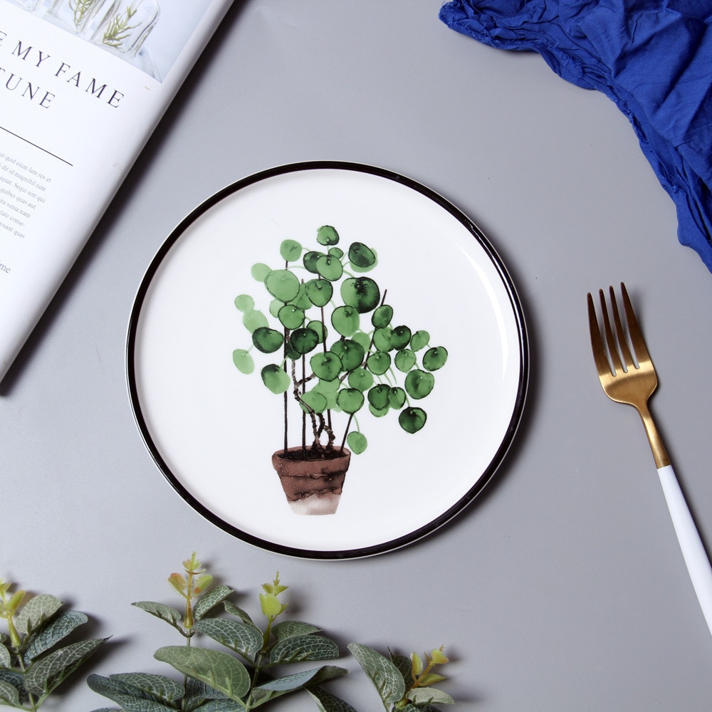 Vajilla de porcelana de 8 pulgadas con de plantas verdes, juego de cena, plato de postre de cerámica, plato de pastel, , 1 ud.