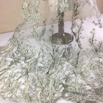 Paljetter broderi franska nät spets tyg 3d blomma tyll spets afrikanska spets tyg för bröllop nigerianska festklänning: Gräsgrön
