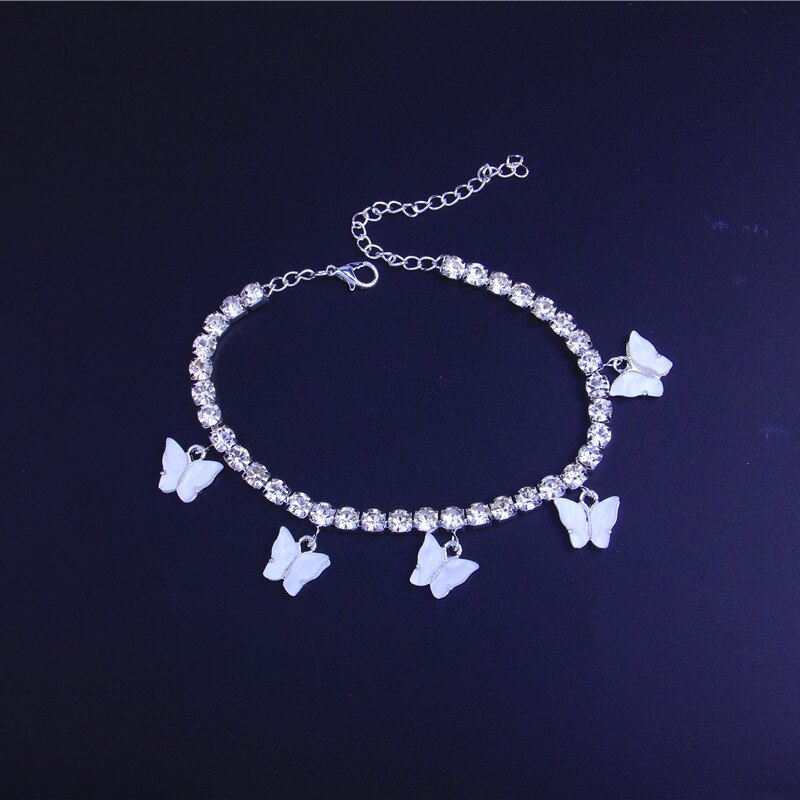 Pulseira de pé de praia boho jóias pulseiras de tornozelo pulseira de cristal borboleta para mulheres strass perna: White