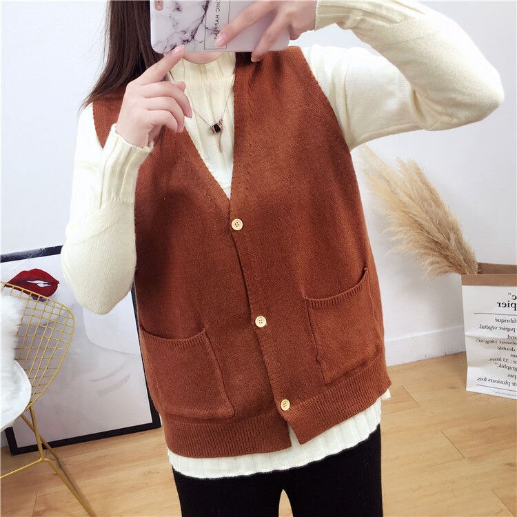 Sweater vest dame lomme solid enkel koreansk strikket åben sting all-match preppy stil løs v-hals ærmeløs: Karamel