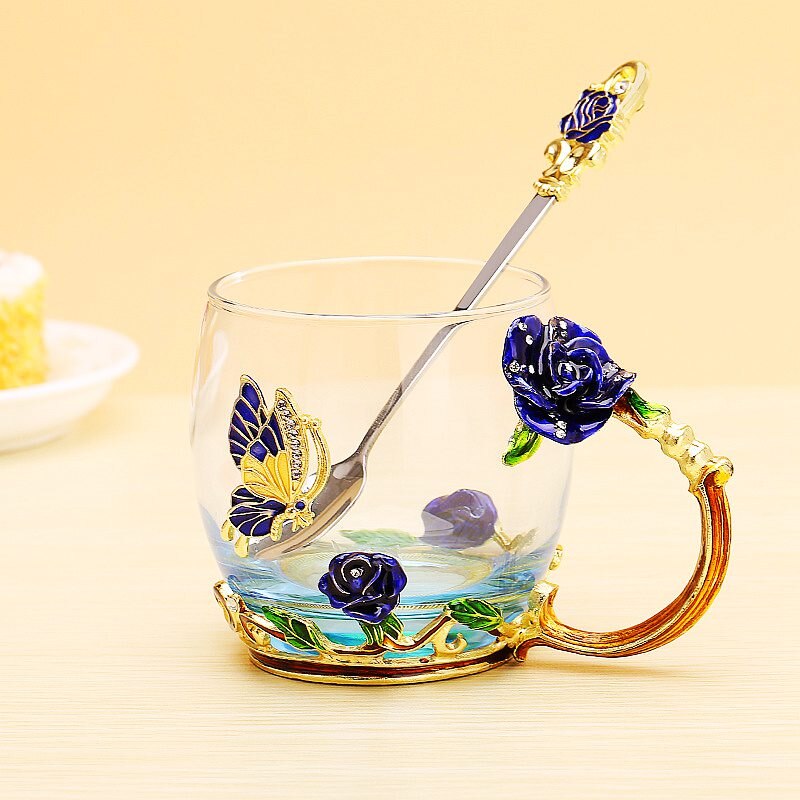 Red Blue Rose Enamel Crystal Tea Cup Coffee Mug Butterfly Rose Painted Flower Water Cups Clear Glass with Spoon Set Perfect: Blue rose 320ML
