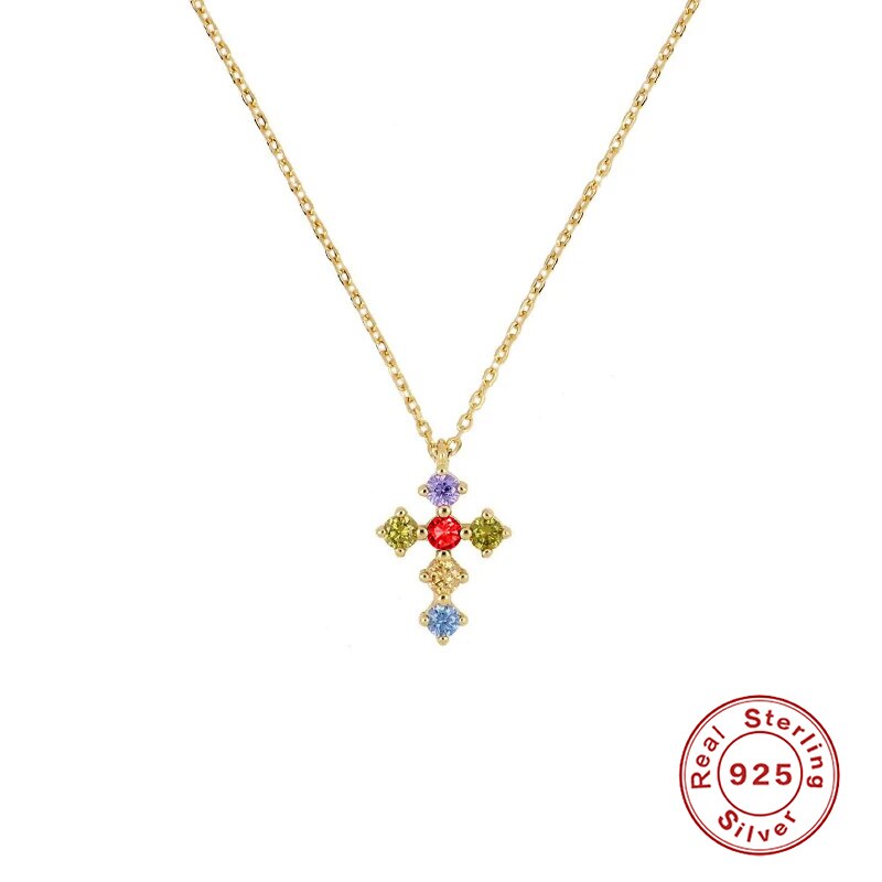 ROXI 925 Sterling Silver Colorful Cross Sun Women Pendant Necklace Zircon Clavicle Necklaces Collar Jewelry Chain Collares