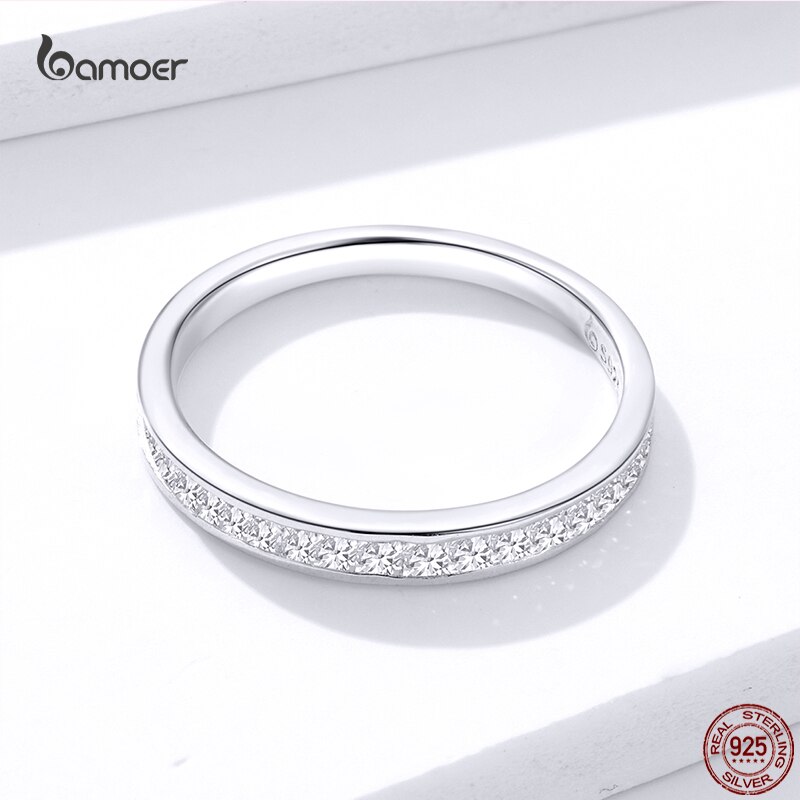 Bamoer Pure Witte Vinger Ring Voor Vrouwen Shiny Clear Zirkoon Echt 925 Sterling Zilver Elegante Ring Formele Bruiloft Sieraden