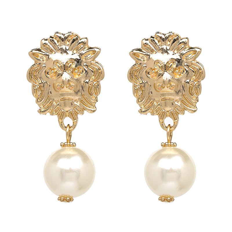 Vintage Lion Head Pearl Earrings for Women Trendy Gold Lion Head Big Dangle Earring Metal Baroque Ear Jewelry: Gold-color