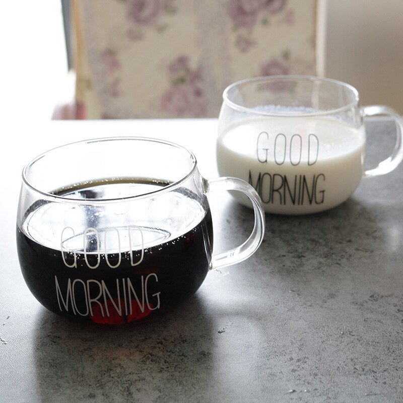 God morgen krus gjennomsiktig glass kopp varmebestandig kaffe melk juice te frokost krus håndtere par tasse