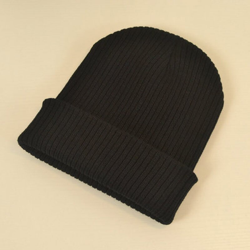 Sombreros de mujer para otoño e invierno, gorro de puño a rayas liso 100% gorro de calavera de punto suave y elástico acrílico negro, gris, azul marfil, azul marino, etc.: Negro