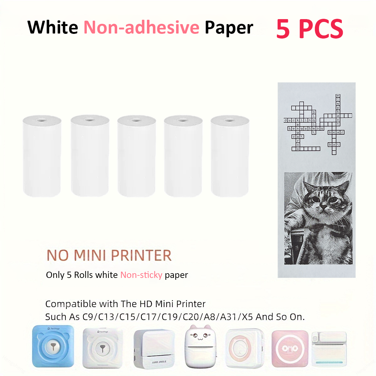 Mini Pocket Printer 5 Rolls Of Self-Adhesive Paper Portable Thermal Printer For Printer Suitable For Home Office Study And Work: WHITE