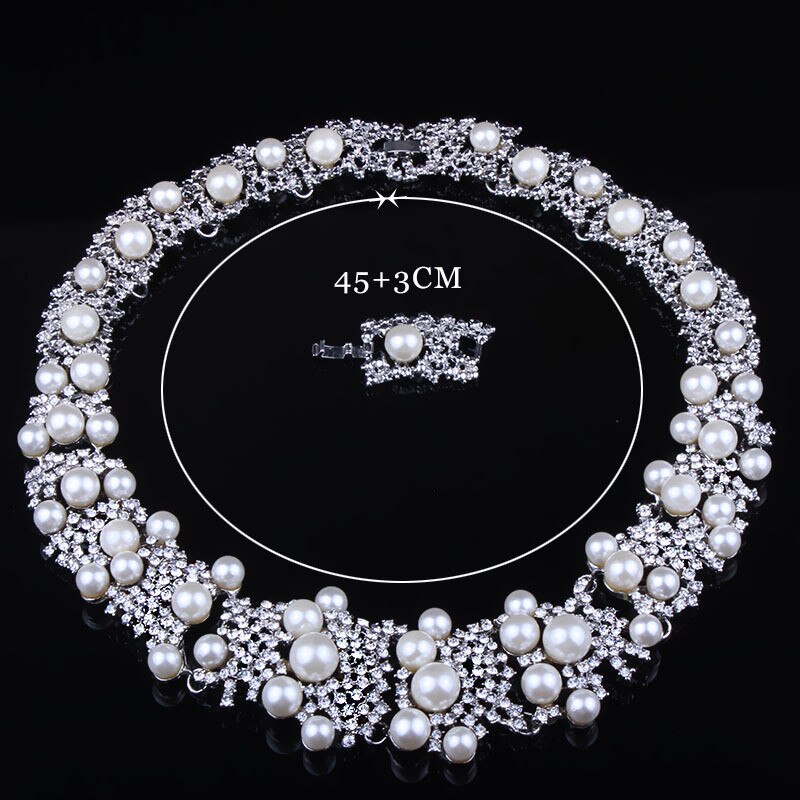 Charmante Bruid Verse Parel Sieraden Set Strass Kettingen Stud Oorbellen Set Luxe Kostuum Sieraden Accessoire Voor Vrouwen