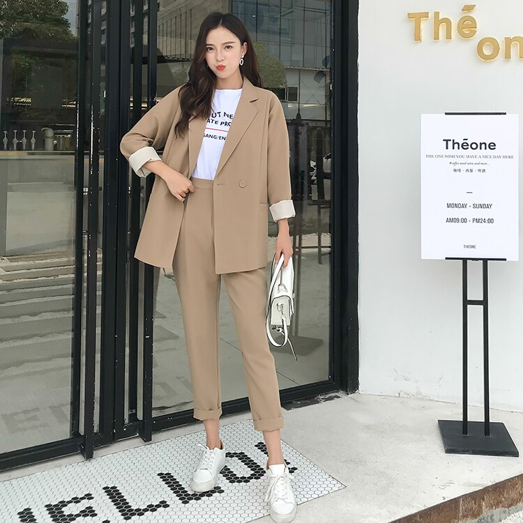 Women sets Casual Solid Women Suits Pant Notched Collar Blazer Jacket Coats& Pencil Pant Khaki Female Suit Two Piece Autumn