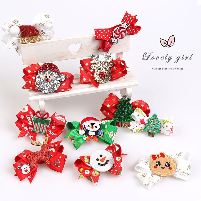 OPPOHERE Cute girl Christmas Bows Hair Clips style Glitter Elk Santa red Colors Hairpin For Kids Festival