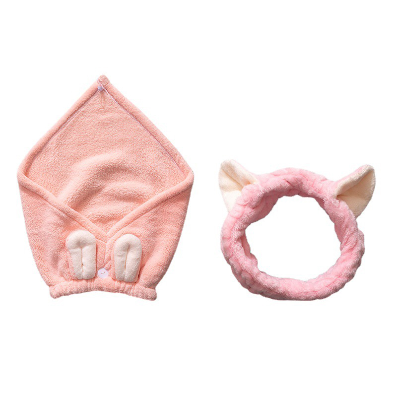 Roze Meisjes Droog Haar Cap Verdikte Water-Absorberende Sneldrogende Coral Fleece Badmuts Wassen Gezicht Hoofdband Set voor Make-Up Remover