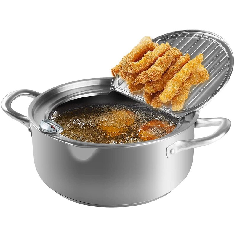 Frittieren Topf, Edelstahl Tempura Friteuse Mit Thermometer, Deckel Japanischen Stil Tempura Friteuse Pan Unbeschichtete Friteuse: Default Title