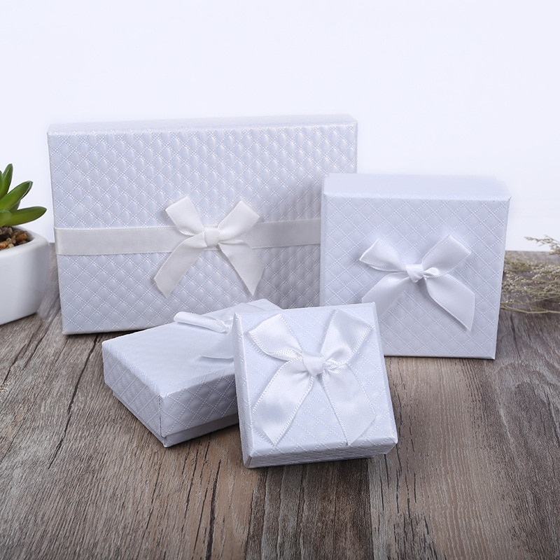 Box 12 Pcs/Lot White Bowknot Kraft Paper Favour Boxes Bulk Ring Bracelet Jewelry Box