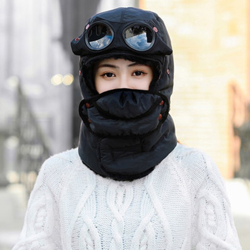Winter Warme Muts Met Bril Multifunctionele Lei Feng Hoed Koude-Proof Plus Fleece Hat Riding Warm Katoenen Muts Winddicht nek Hoed: women black