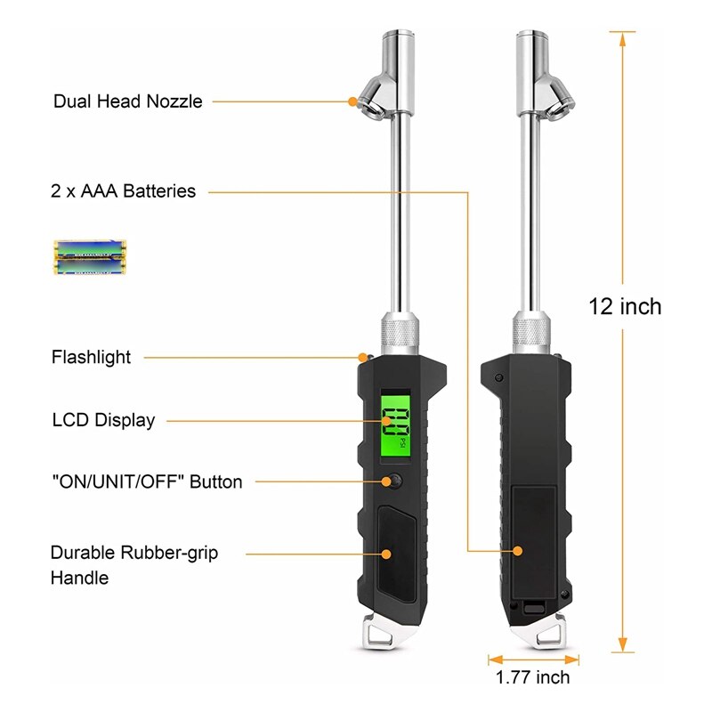 Verlichte Heavy-Duty Truck Bandenspanningsmeter Met Lcd Lichtgevende Display Dual-Head Digitale Bandenspanningsmeter