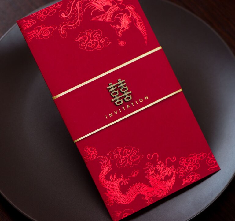 30 pcs Chinese Double Happy Lette Bride And Groom Wedding Invitation Mandarin Duck Dragon Party Invitations With Envelopes LF704