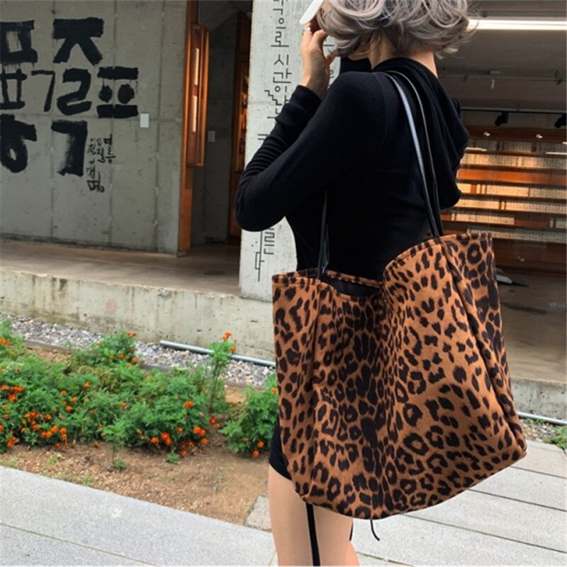 Leopard print skulder mulepose vintage enkle store skuldertasker håndtasker stor opbevaring håndtaske håndtaske til kvinder: Khaki