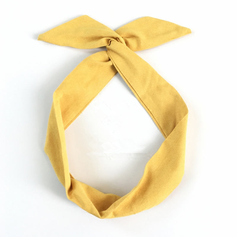 Ruban d'oreille de lapin en daim de couleur unie pour femmes, bandeau pour cheveux, nœud papillon croisé, écharpe en fil métallique, accessoires pour cheveux pour filles: YELLOW