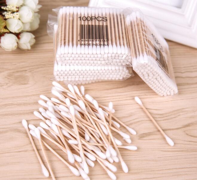 100 stks/partij Vrouwen Makeup Wattenstaafje Dubbele Hoofd Wattenstaafjes Make Up Hout Sticks Neus Oren Schoonmaken Cosmetica Gezondheid zorg