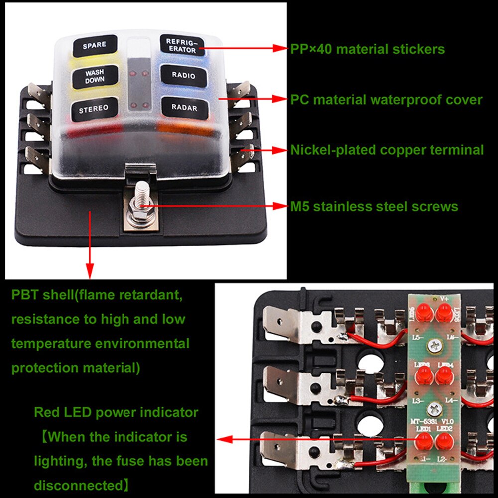 6 Way Blade Fuse Holder Box Auto Block Case With Screw Nut Terminal For 12-32V Car Truck Vehicle Marine Boat Motorhome