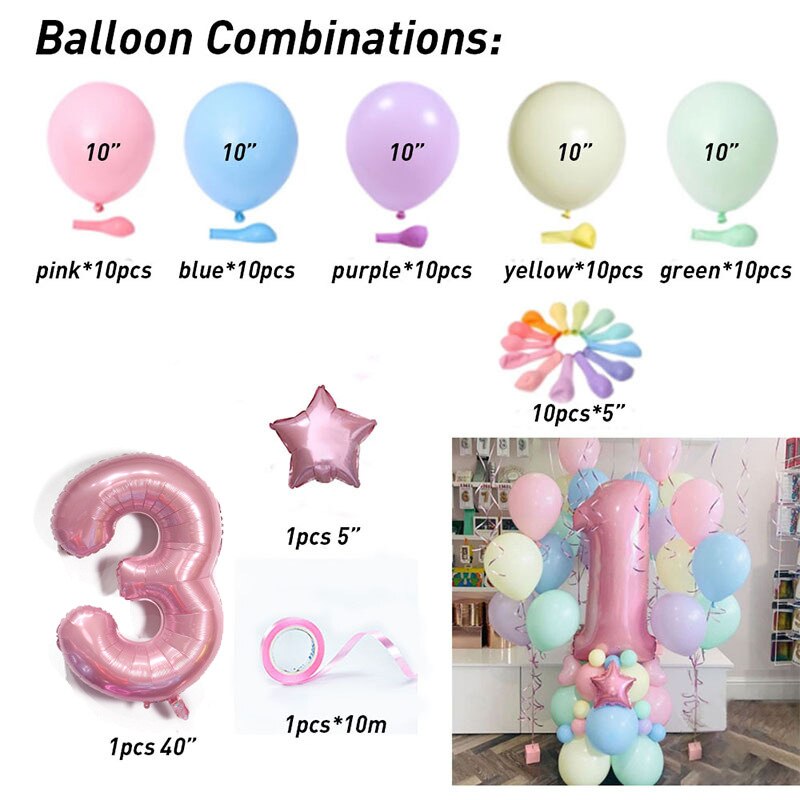 63Pcs/set Number Foil Latex Balloons for Kids Birthday Party Decoration 1st One Year Birthday Boy Decor Baby Shower Balloon