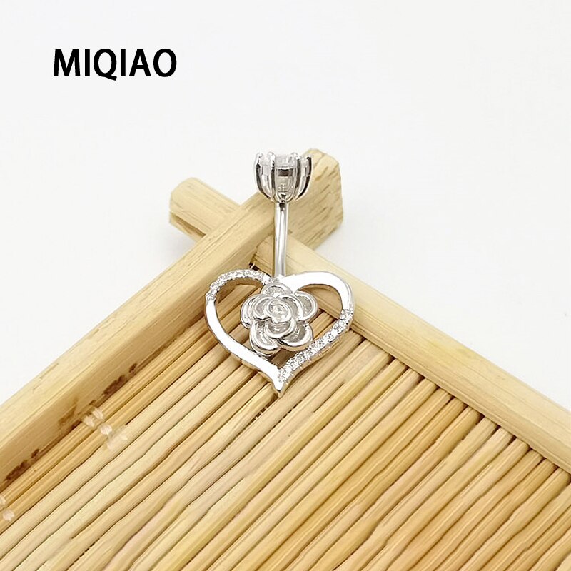 Heart Rose Navel Ring - 925 Sterling Silver - Body Jewelry - Pin Length 6/8/10mm
