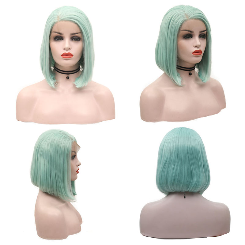 Peluca con malla frontal sintética verde menta JOY & BEAUTY de 12 pulgadas peluca recta corta de fibra resistente al calor para pelucas de mujer