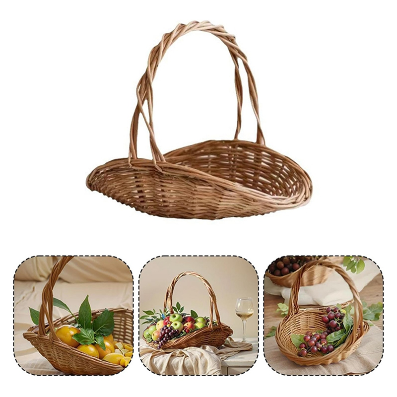 ABJI-Multipurpose Rattan Wicker Woven Basket With Handle, Portable Garden Harvest Storage Baskets