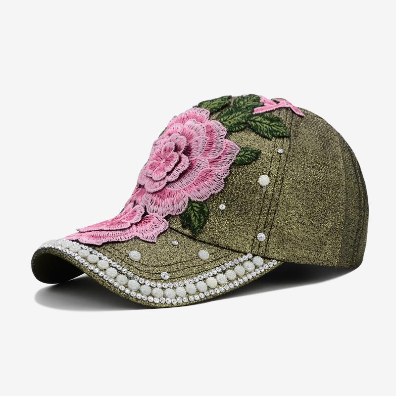 Cokk kvinders baseball cap broderi blomst perler snapback hatte til kvinde dame fest sommer sol hat kvinde cap gorras casquette: Guld