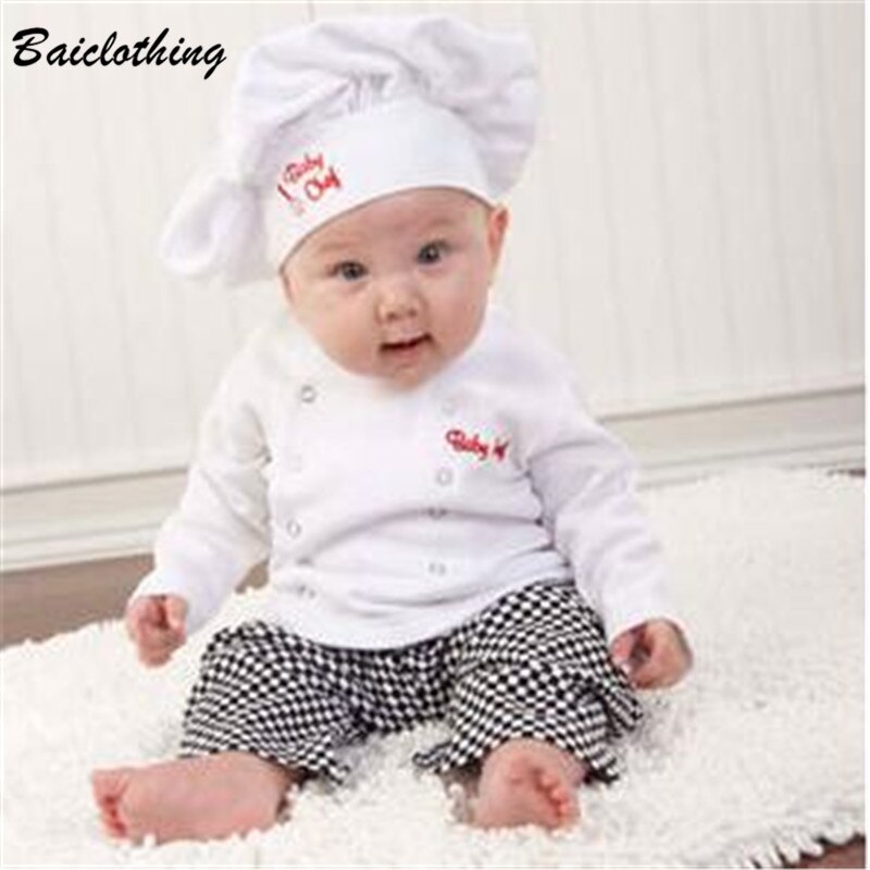 Sød baby spædbarn toddler kok bomuld kostume 3 stykke tøj hat + hvid top + plaid bukser til drenge piger dragter