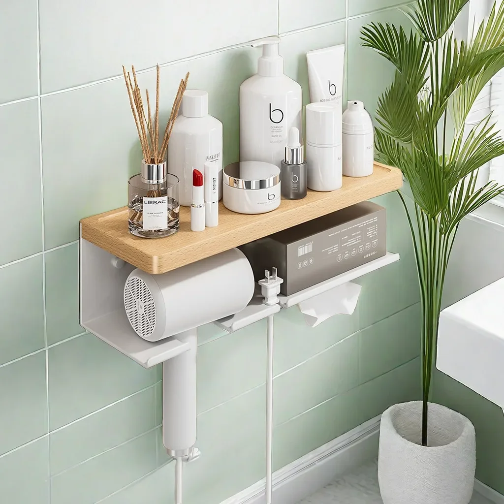 Badezimmer-Handtuchhalter aus Holz, Badregal-einstellen, Dusch-Organizer-Regal, Zauberstab-Badewannenregal aus Holz, Eckregal für Waschraum, Haartrocknerhalter: Burgunderrot