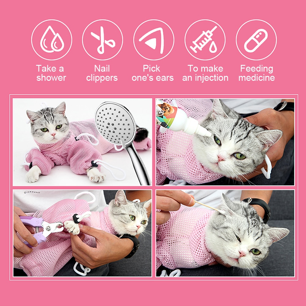 Mesh Cat Bathing Bag Cats Grooming Washing Bag Cat Bath Shower Clean Bag For Nail Trimming Injecting Anti Scratch Bite Restraint