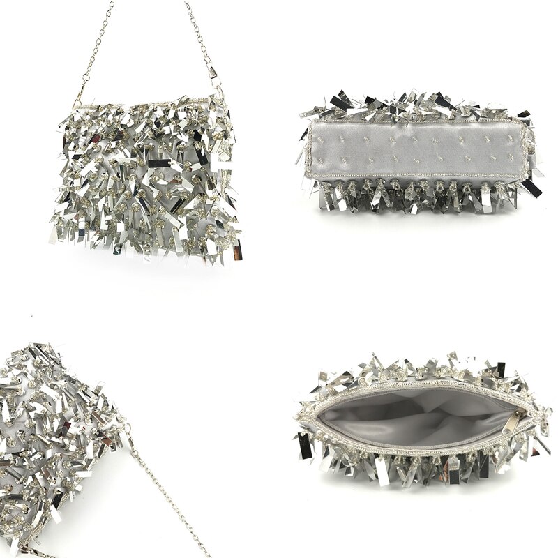 Beaded chains skulderveske kvinner paljett clutch veske liten sølv klaff bag kvinnelige dusk vesker fest kveld håndvesker