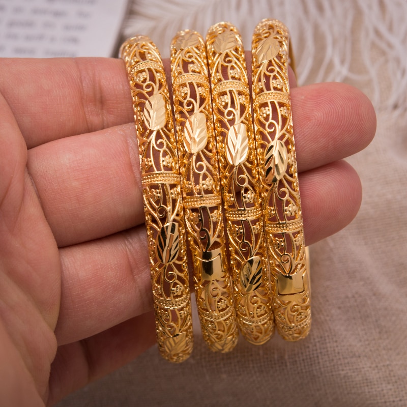 1Pcs/lot Can Open Women Bangles for Women Girl Simple Gold Color leaf Bangles Bracelet Wedding Party Dubai Gold Jewelry
