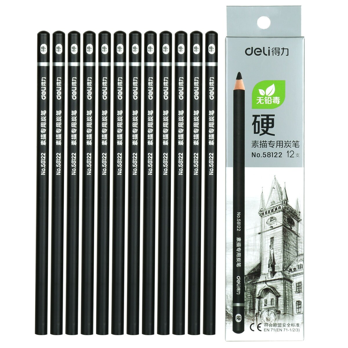 Lápis especial do carvão de 12 peças/caixa deli58122 para o esboço da arte, lápis macio, médio e duro do carvão vegetal, artigos de papelaria do estudante da arte,