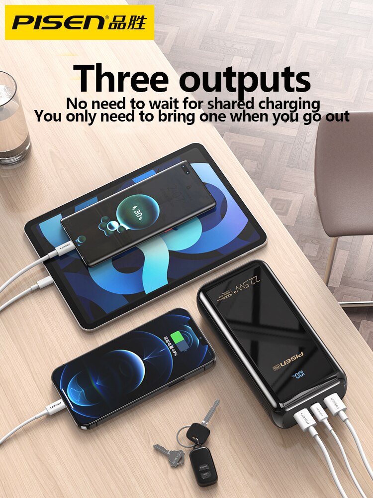 PISEN-batería portátil de 20000mah/30000mah/40000mah, powerbank de carga rápida de 22,5 w, ligera, 3 vías, carga rápida