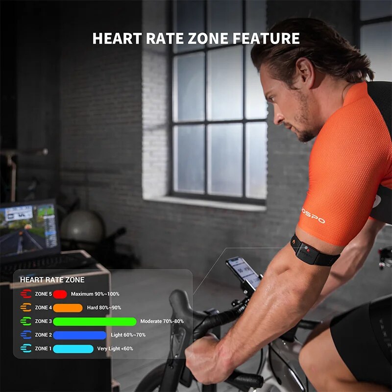 COOSPO HW9 Brazalete Monitor de Ritmo Cardíaco con Zonas HR/Calorias Sensor HRM para Fitness Ciclismo BLE5.0 ANT+ para Peloton,Zwift,Wahoo