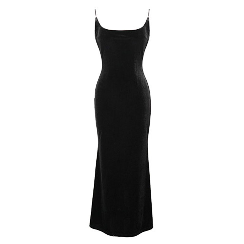 Elegante vestido longo feminino com alça de veludo, sem encosto, fenda maxi, francês, vinho tinto, preto, parte inferior, festa, reunião anual: XL / Preto
