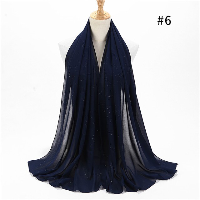 1 pc kvinnor vanlig bubbel chiffong scarf wrap guld glänsande glitter enfärgade sjalar pannband muslimska hijabs halsdukar/scarf 20 färger: Färg 6 marinblå