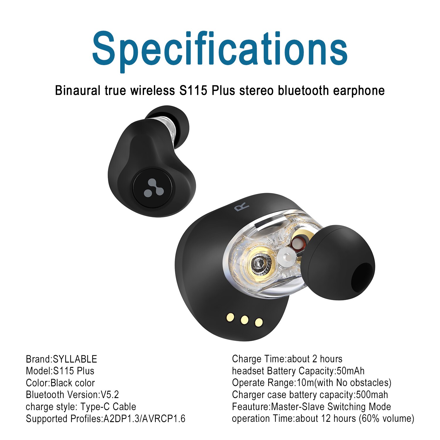 Original SYLLABLE S115 Plus bluetooth V5.2 bass earphones wireless headset of QCC3040 Chip S115 Plus Volume control earbuds