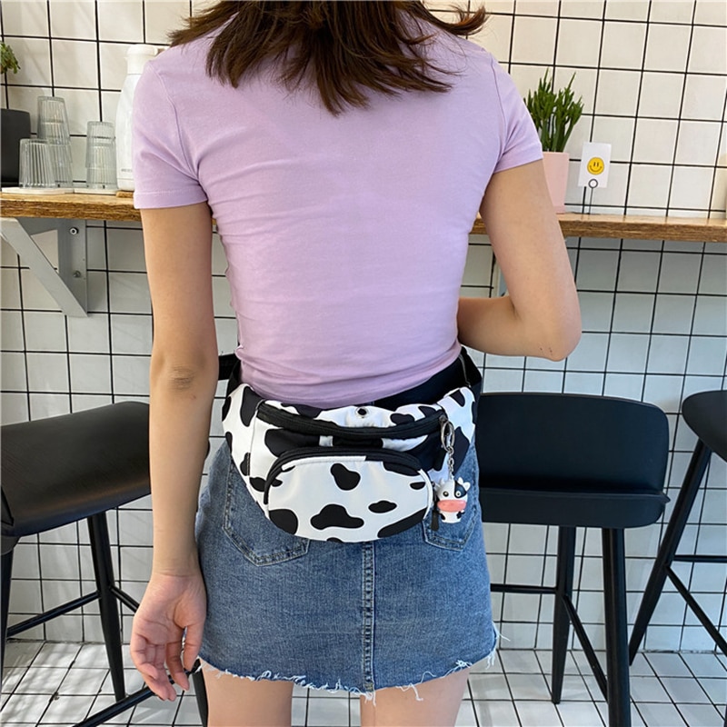 Kvinder mælkeko print taljetaske fanny pack pose sportsbælte hofte bryst crossbody skulder pung mærke bum bags