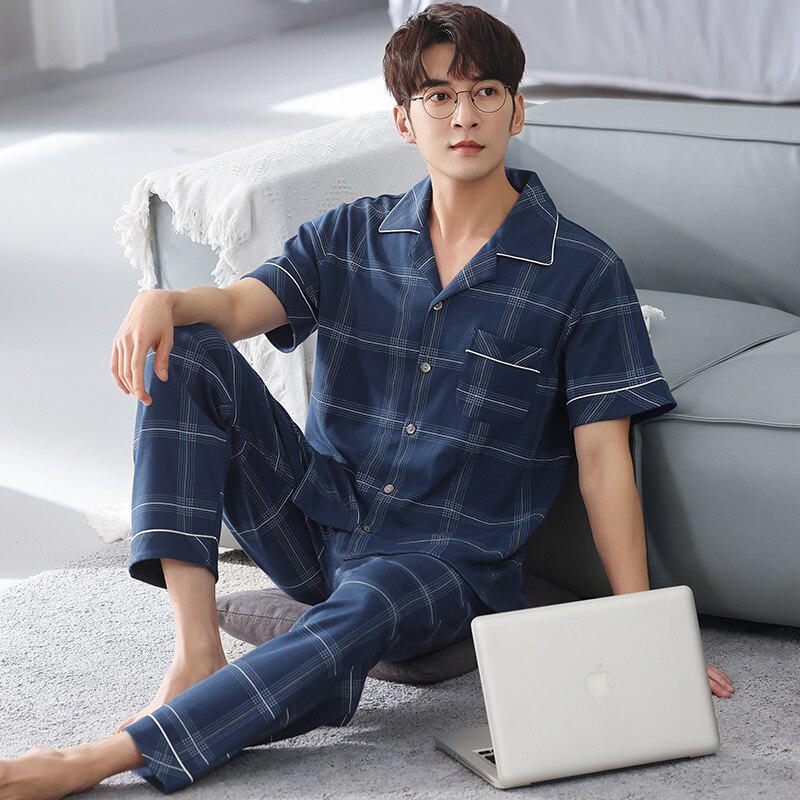 Summer Male 100% Cotton Pajama Sets 4XL Plus Size Sleepwear Plaid Pijama Men Set Comfort Pajamas Loungewear
