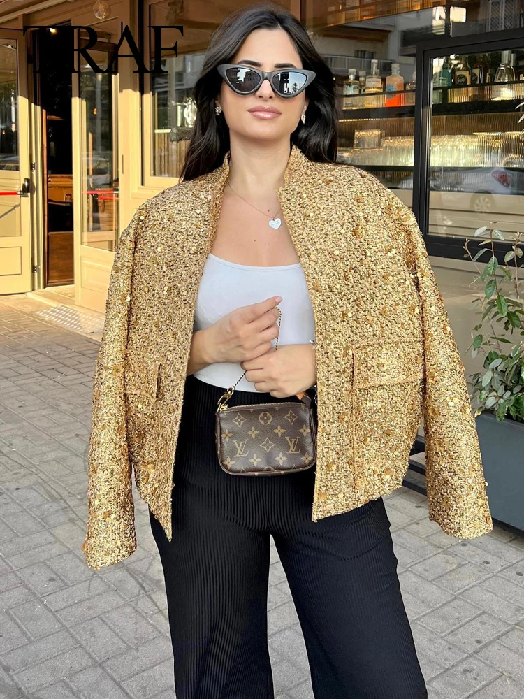 TRAFZA Frauen Glänzende Pailletten Jacke Y2k Gold Farbe Stehkragen Langarm Kurzarm Mantel Herbst Winter Damen Hohe Streetwear